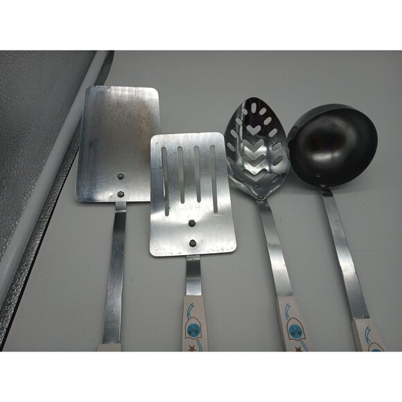 Vtg Stainless Steel Kitchen Utensils Short Spatula Slotted Spoon Blue Gold Crown - Picture 13 of 13